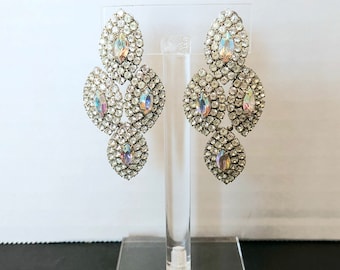 Vintage Cascading Chandelier Clear & Ab Rhinestone Clip on Earrings