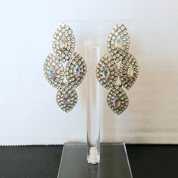 Vintage Cascading Chandelier Clear & Ab Rhinestone Clip on Earrings