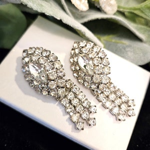 Vintage CATHE Clear Rhinestone Earrings with Removable Dangle Tassels and Silvertone Clip on Settings