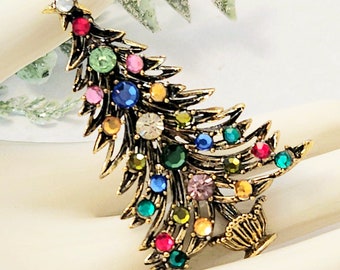 Vintage Signed HOLLYCRAFT Multicolored Rhinestone Layered Branches Christmas Tree Brooch - Book Piece