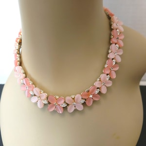 Vintage LISNER Satin Pink Lucite Flower Petal Necklace with Clear Rhinestone