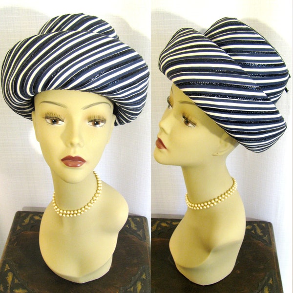 Vintage Oleg CASSINI Navy Blue and White Striped Bowler Hat