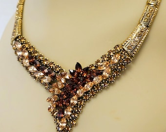 Vintage 80s Chunky Statement Link Necklace Loaded with Topaz Rhinestones in an Antiqued Setting.