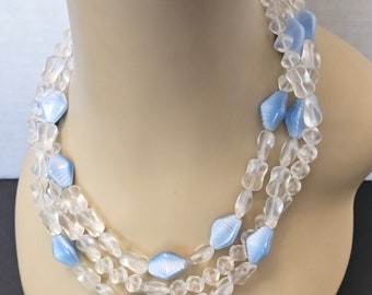 Vintage Unsigned Czech 3 Strand Satin & Blue Swirl Glass Bead Necklace with Sterling Clasp