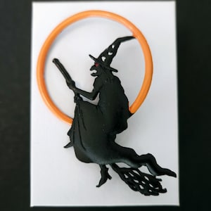 Vintage JJ JONETTE Halloween Brooch - Enamel Witch on a Broomstick with Moon.