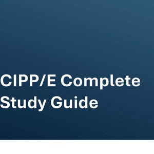 Può includere: Uno sfondo blu scuro con il testo bianco "CIPP/E Complete Study Guide". Il testo è centrato e in un carattere sans-serif. L'immagine è una grafica semplice.