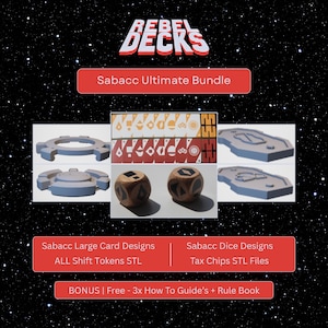 May include: A promotional image for a Sabacc Ultimate Bundle, featuring various game components. The image includes card designs, dice, and tokens, with text that reads "REBEL DECKS" and "Sabacc Ultimate Bundle." The background is a starry night.