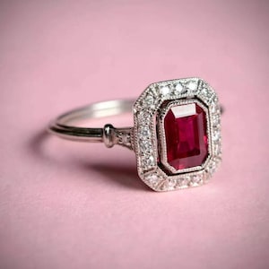 Classy 1.40 Ct Red Ruby Excellent Art Deco Style Engagement Wedding Ring 14K White Gold Over for Women&#39;s and Girl&#39;s Anniversary Gift