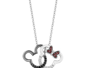 Mickey Mouse & Minnie Pendant, Diamond Mickey Pendant, 14K Two Tone Gold Cartoon Necklace, Womens Anniversary Birthday Gift Pendant