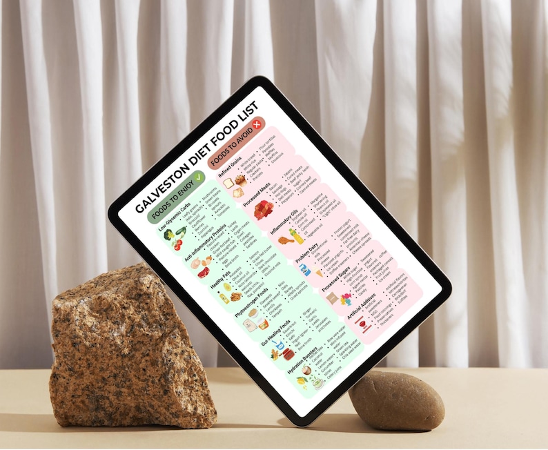 May include: A digital tablet displays a "Galveston Diet Food List" with foods to enjoy and avoid. The tablet is propped up by a large, textured rock and a small, smooth stone. The background features a white curtain.