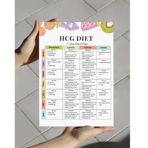 May include: A 7-day meal plan for the HCG diet, featuring a detailed breakdown of breakfast, lunch, dinner, and snack options. The plan includes calorie counts and food suggestions like chicken breast, strawberries, and cucumber slices.
