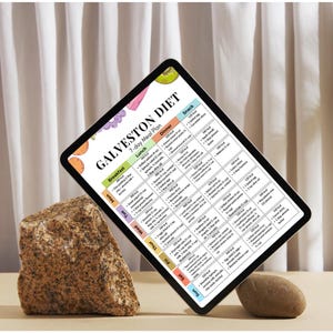 以下が含まれることがあります： 「GALVESTON DIET」と題された7日間の食事プランが表示されたデジタルタブレット。プランは日と食事ごとに整理され、朝食、昼食、夕食、軽食の列があります。タブレットは岩と小さな石で支えられています。