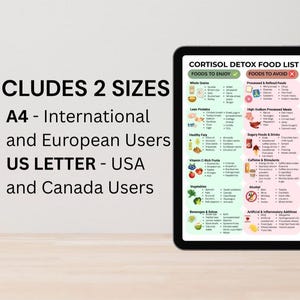May include: A digital tablet displays a "Cortisol Detox Food List" with foods to enjoy and avoid. The list includes whole grains, lean proteins, healthy fats, vitamin C-rich fruits, and vegetables. Text on the left states "Includes 2 Sizes" and size options.