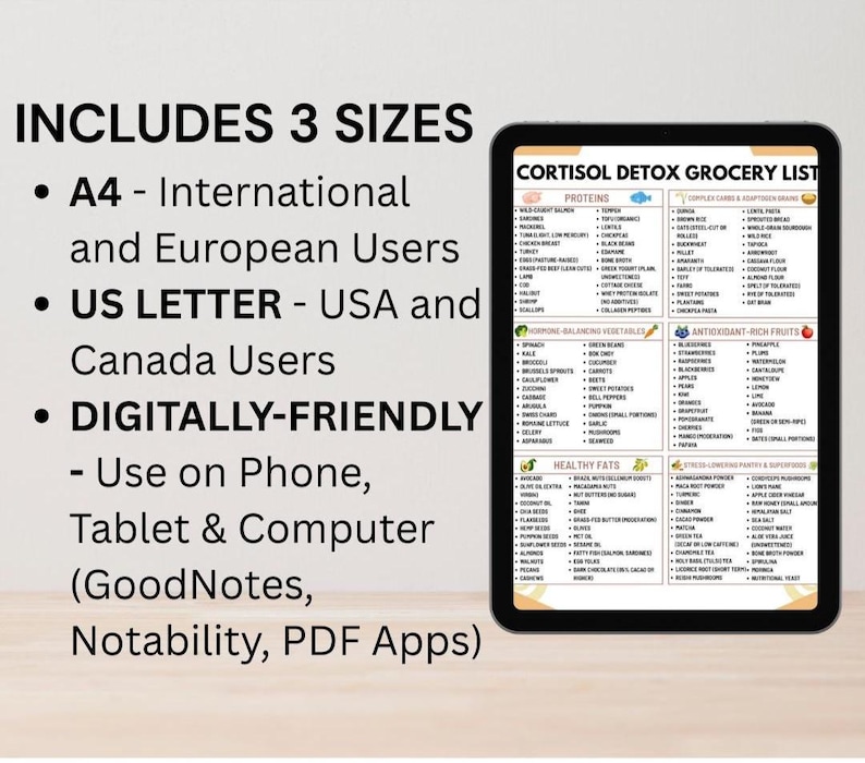 Puede incluir: Una tableta digital muestra una "Lista de compras de desintoxicaci&oacute;n de cortisol" con categor&iacute;as como prote&iacute;nas, verduras y frutas. El texto incluye "Incluye 3 tama&ntilde;os" y detalles para A4, US Letter y uso digital en tel&eacute;fonos, tabletas y computadoras.