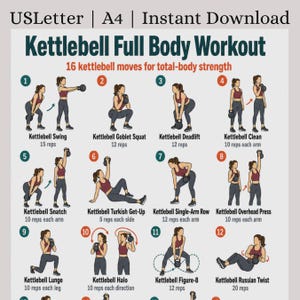 May include: A digital workout chart titled Kettlebell Full Body Workout featuring 16 kettlebell moves for total-body strength. The graphic displays numbered illustrations of exercises including swings, squats, deadlifts, and cleans with rep counts.