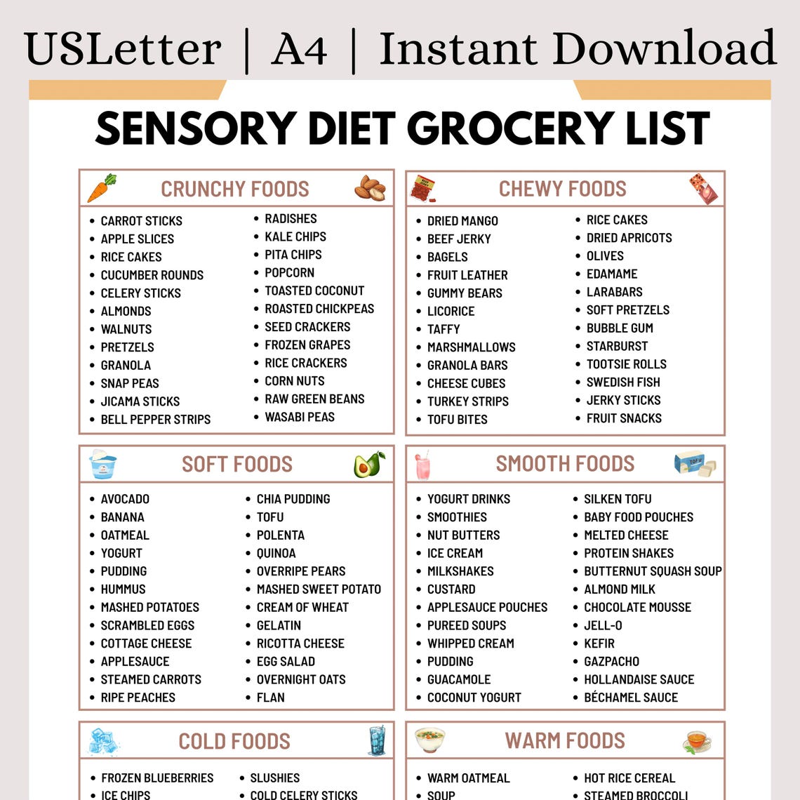 Sensory Diet Grocery List | Picky Eater/autism Food Guide | Texture ...