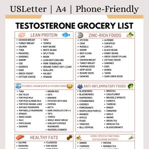 Puede incluir: Una lista de compras para teléfonos titulada "Lista de compras de testosterona" con secciones para proteínas magras, alimentos ricos en zinc, vitamina D, magnesio, alimentos con vitamina B, alimentos antiinflamatorios, grasas saludables y hierbas, especias y apoyo funcional de testosterona.