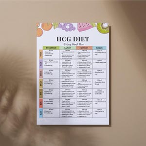 May include: A printed HCG Diet 7-day meal plan. The plan is organized by day and meal, with a list of foods and calorie counts. The top of the plan has colorful illustrations of fruits and the title "HCG DIET".
