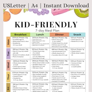 Könnte beinhalten: Ein druckbarer 7-Tage-Essensplan mit der Aufschrift "Kid-Friendly" mit Optionen für Frühstück, Mittagessen, Abendessen und Snacks. Jede Mahlzeit enthält Kalorien- und Proteinangaben. Der Plan bietet eine Vielzahl von Lebensmitteln.