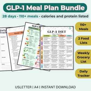 Könnte beinhalten: Ein GLP-1 Ernährungsplan-Paket mit einem 28-Tage-Plan für über 110 Mahlzeiten, inklusive Kalorien- und Proteinangaben. Das Set enthält einen Wochenplan, Lebensmittellisten, eine Einkaufsliste und einen täglichen Tracker, verfügbar in A4.