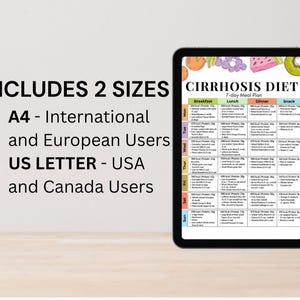 May include: A digital tablet displays a "Cirrhosis Diet" 7-day meal plan with breakfast, lunch, dinner, and snack options. The text "INCLUDES 2 SIZES" is above bullet points for A4 and US Letter sizes.