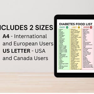 May include: A digital tablet displays a diabetes food list with three columns: Enjoy, Limit, and Avoid. The text includes a list of foods and the tablet is labeled with "Includes 2 Sizes" and size options for international and USA users.