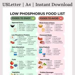 Low Phosphorus Food List Printable PDF | Kidney-Friendly Grocery List for CKD, Renal Diet & Kidney Disease Meal Planning | Instant Download