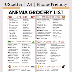 May include: Anemia grocery list with categories for heme iron, grains, nuts & seeds, vegetables & leafy greens, seafood & poultry, plant-based iron, and pantry staples & fruits. Includes foods like beef liver, spinach, and pumpkin seeds.