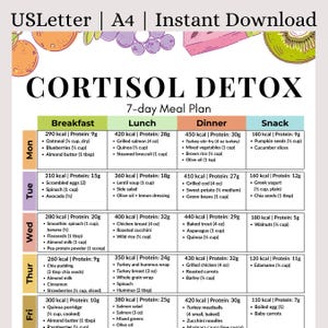 Puede incluir: Un plan de comidas Cortisol Detox de 7 días, imprimible y colorido. El plan se divide en secciones de desayuno, almuerzo, cena y merienda, con información de calorías y proteínas para cada comida. El plan incluye una variedad de alimentos.