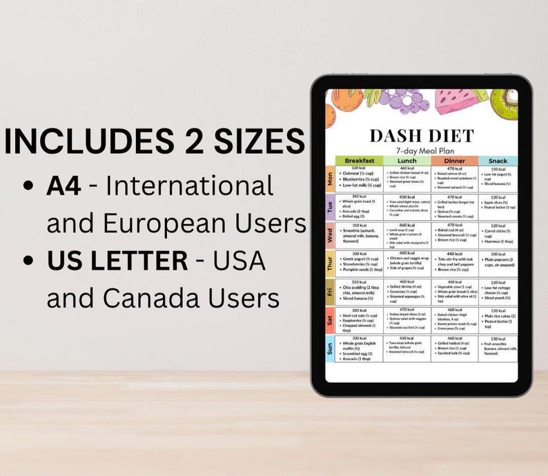 May include: A digital tablet shows a 7-day DASH diet meal plan, detailing breakfast, lunch, dinner, and snack options. The tablet also includes text that says "INCLUDES 2 SIZES" and lists A4 and US LETTER sizes for international and USA users.