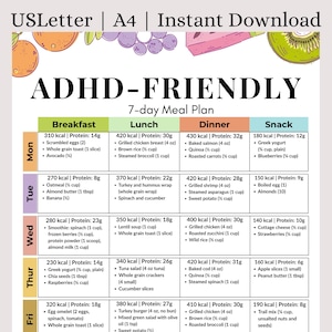 ADHD-Friendly 7-Day Meal Plan | Printable PDF | High Protein/Focus Boosting Foods | Balanced Diet for Concentration, Energy & Brain Health