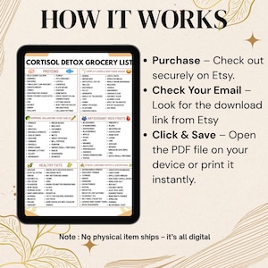 Puede incluir: Descarga digital de una lista de compras de desintoxicaci&oacute;n de cortisol, que se muestra en una tableta. La lista incluye prote&iacute;nas, verduras, frutas y grasas saludables. Tambi&eacute;n se incluyen instrucciones.
