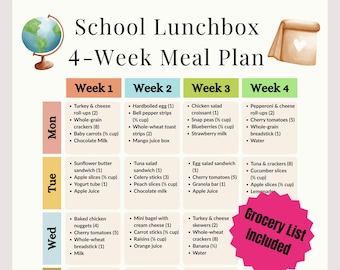 Kids School Lunchbox Meal Plan | Healthy Kids Lunches | Easy School Lunch Organizer | Bento Box Ideas | School Lunch Ideas for Kids