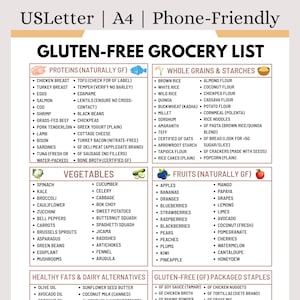 以下が含まれることがあります： タンパク質、全粒穀物、野菜、果物、健康的な脂肪、包装された主食のカテゴリーがある、印刷可能なグルテンフリーの食料品リスト。鶏むね肉、玄米、ほうれん草、リンゴ、オリーブオイルなどを含みます。