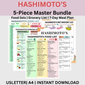 Könnte beinhalten: Ein 5-teiliges Set mit Hashimoto-Diät-Ressourcen, bestehend aus Lebensmittellisten, einer Einkaufsliste und einem 7-Tage-Ernährungsplan. Die Dokumente enthalten kategorisierte Tabellen mit Spalten für Lebensmittel, die man genießen, einschränken oder meiden sollte.