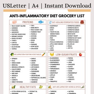 Puede incluir: Una lista de compras imprimible para una dieta antiinflamatoria, con categorías como proteínas, verduras, frutas, grasas saludables y hierbas. Incluye alimentos como salmón, espinacas, arándanos, aguacates y cúrcuma. El documento está etiquetado como "USLetter | A4 | Instant Download".