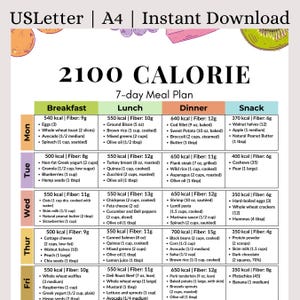 Könnte beinhalten: Ein 7-Tage-2100-Kalorien-Ernährungsplan, US Letter und A4 Größe, mit Frühstück, Mittagessen, Abendessen und Snack-Optionen. Enthält eine Vielzahl von Lebensmitteln. Sofort-Download.