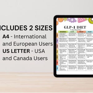 May include: A digital tablet displays a colorful 7-day meal plan labeled "GLP-1 DIET." The plan includes breakfast, lunch, dinner, and snack options. Text on the screen indicates the plan is available in A4 and US Letter sizes.