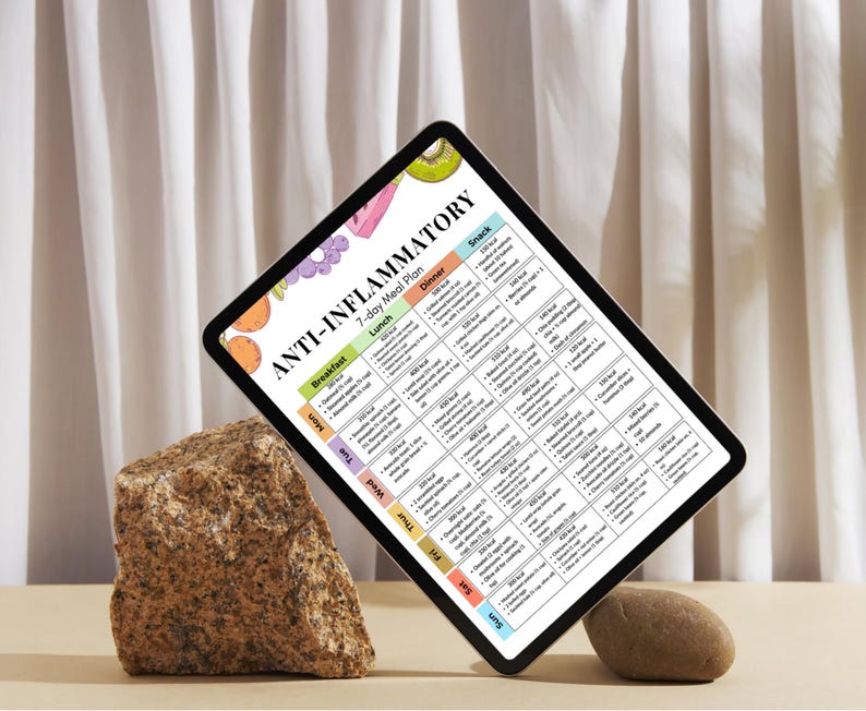 Puede incluir: Una tableta digital muestra un plan de comidas antiinflamatorio de 7 d&iacute;as. El plan est&aacute; codificado por colores e incluye opciones de desayuno, almuerzo, cena y merienda con recuento de calor&iacute;as. La tableta descansa sobre una piedra y una roca peque&ntilde;a.