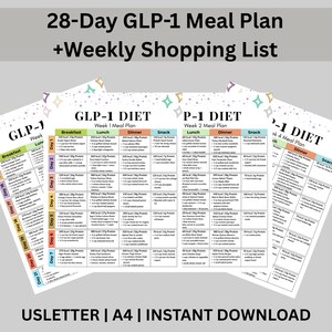 28-dagars GLP-1 måltidsplan PDF | Guide till Ozempic-diet med högt proteininnehåll | Wegovy Mounjaro viktminskningsplanerare | Ladda ner veckovis inköpslista med låg fetthalt