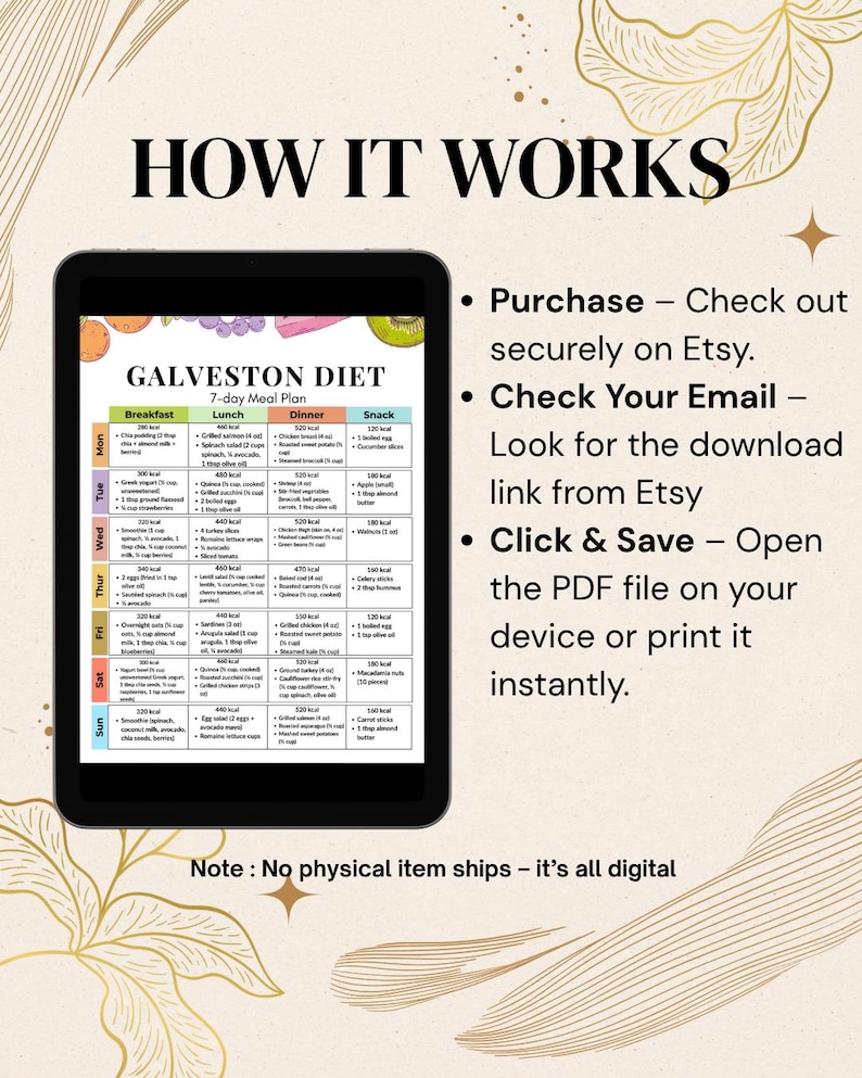以下が含まれることがあります： タブレットに表示された7日間のデジタル食事プラン。 「Galveston Diet」と題されたこのプランには、朝食、昼食、夕食、軽食のオプションが含まれています。 画像には、購入してアクセスする方法に関する指示も含まれています。