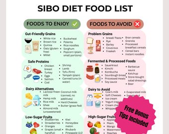 SIBO Diet Food List | Printable Low-FODMAP Eat/Avoid Guide | Gut Health Cheat Sheet | IBS Relief Grocery List | Sibo Tips | Instant Download