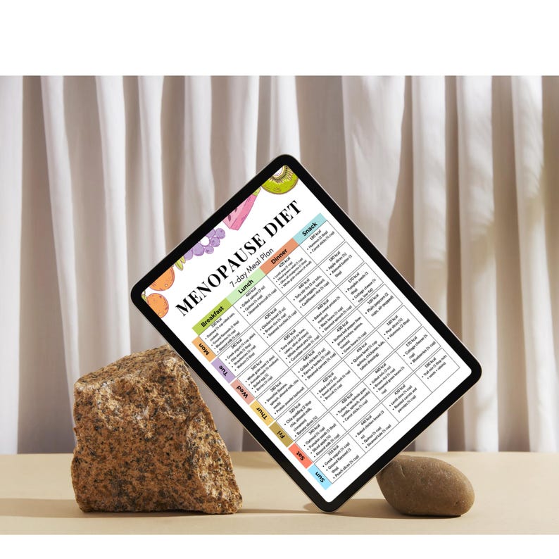 Puede incluir: Una tableta digital que muestra un plan de comidas de 7 d&iacute;as titulado "MENOPAUSE DIET". El plan est&aacute; codificado por colores e incluye secciones para el desayuno, el almuerzo, la cena y los refrigerios. La tableta est&aacute; apoyada por una piedra marr&oacute;n sobre una superficie beige.
