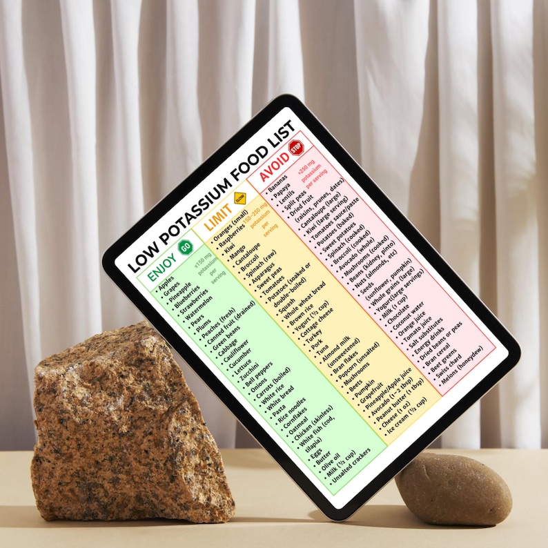 May include: A digital tablet displays a "Low Potassium Food List" with "Enjoy," "Limit," and "Avoid" sections. The list categorizes various foods, with fruits, vegetables, and dairy products. The tablet rests on a light brown surface, supported by two stones.