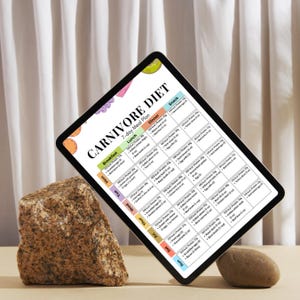 May include: A digital tablet displaying a "CARNIVORE DIET" 7-day meal plan. The plan is organized by day and meal, with columns for breakfast, lunch, dinner, and snacks. The tablet is propped up by a rock.