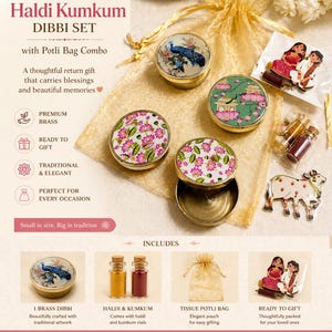 May include: A Traditional Haldi Kumkum Dibbi Set with Potli Bag Combo. The set includes brass dibbis with floral and peacock designs, small vials, and a tissue potli bag. The text reads "Traditional Haldi Kumkum Dibbi Set".