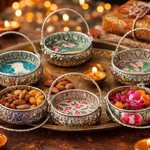 May include: A set of six round silver-toned metal bowls with swing handles and intricate embossed rims. Each bowl features a unique colorful floral or animal-themed base insert. Some bowls contain almonds or pink flower petals, arranged on a large tray.