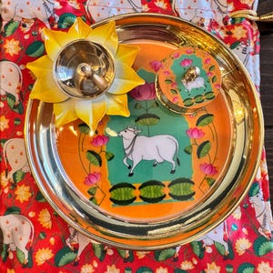 6 Inch Brass Pichwai Pooja Thali Set with Diya, Dibbi, Potli Bag (Festive Gifting) image 5