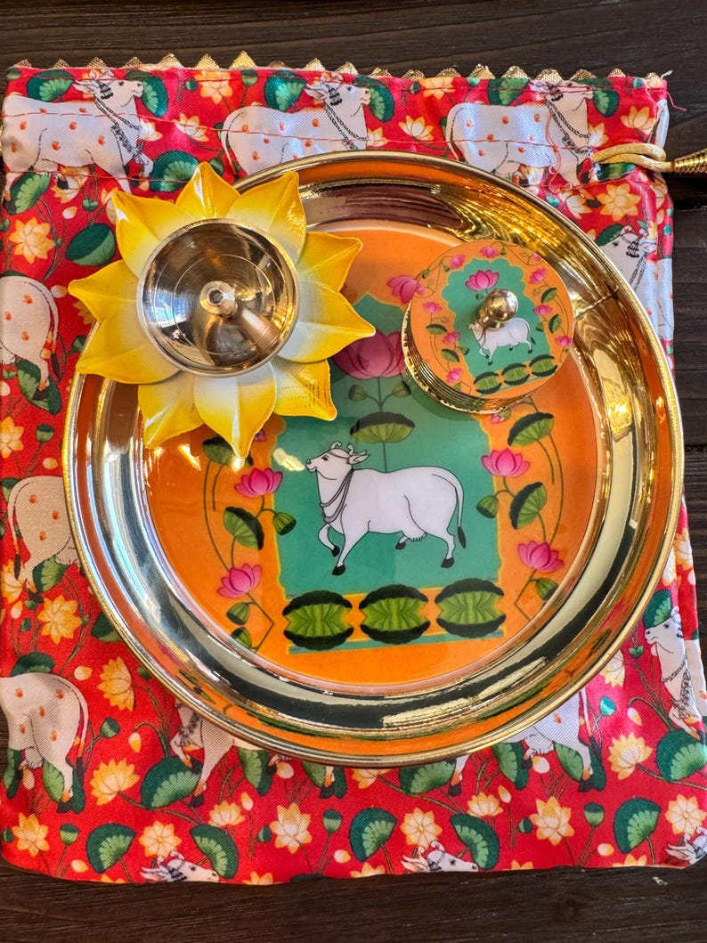 6 Inch Brass Pichwai Pooja Thali Set with Diya, Dibbi, Potli Bag (Festive Gifting) image 5