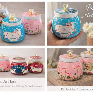 Tarros de almacenamiento Pichwai artesanales de moda con tapa de cristal / Tarros indios decorativos / Recuerdos de agradecimiento / Regalo para Diwali y inauguración de casa